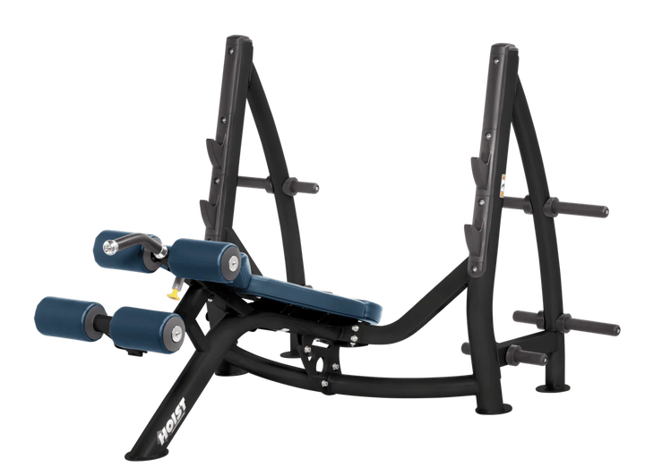 Hoist commercial Olympic decline navy blue bench with barbell rack and integrated weight plate storage for lower chest training