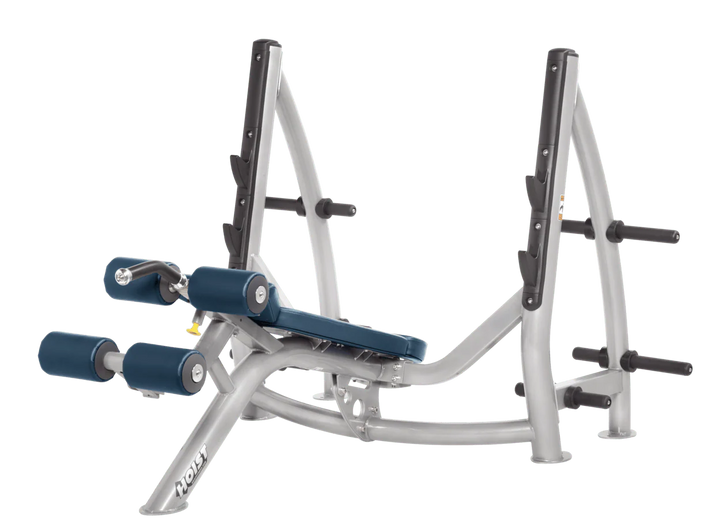 Hoist commercial Olympic decline platinum navy blue bench with barbell rack and integrated weight plate storage for lower chest training
