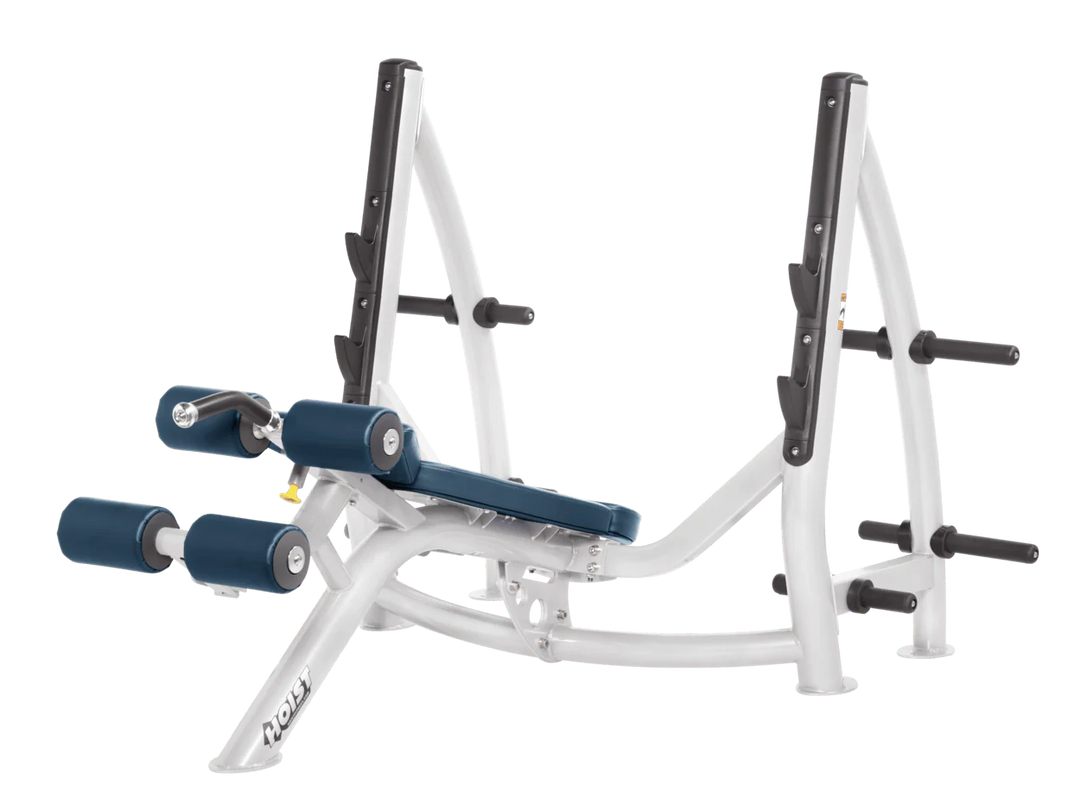 Hoist commercial Olympic decline white navy blue bench with barbell rack and integrated weight plate storage for lower chest training