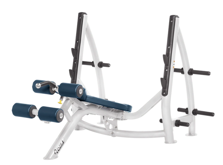 Hoist commercial Olympic decline white navy blue bench with barbell rack and integrated weight plate storage for lower chest training
