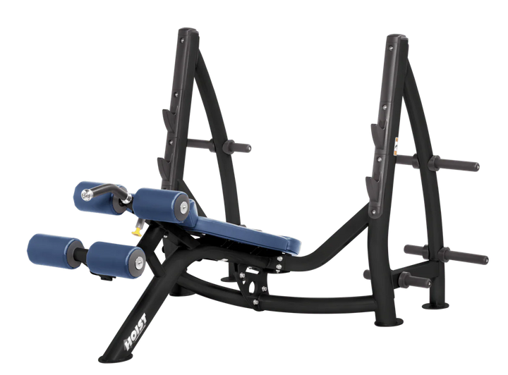 Hoist commercial Olympic decline royal blue bench with barbell rack and integrated weight plate storage for lower chest training