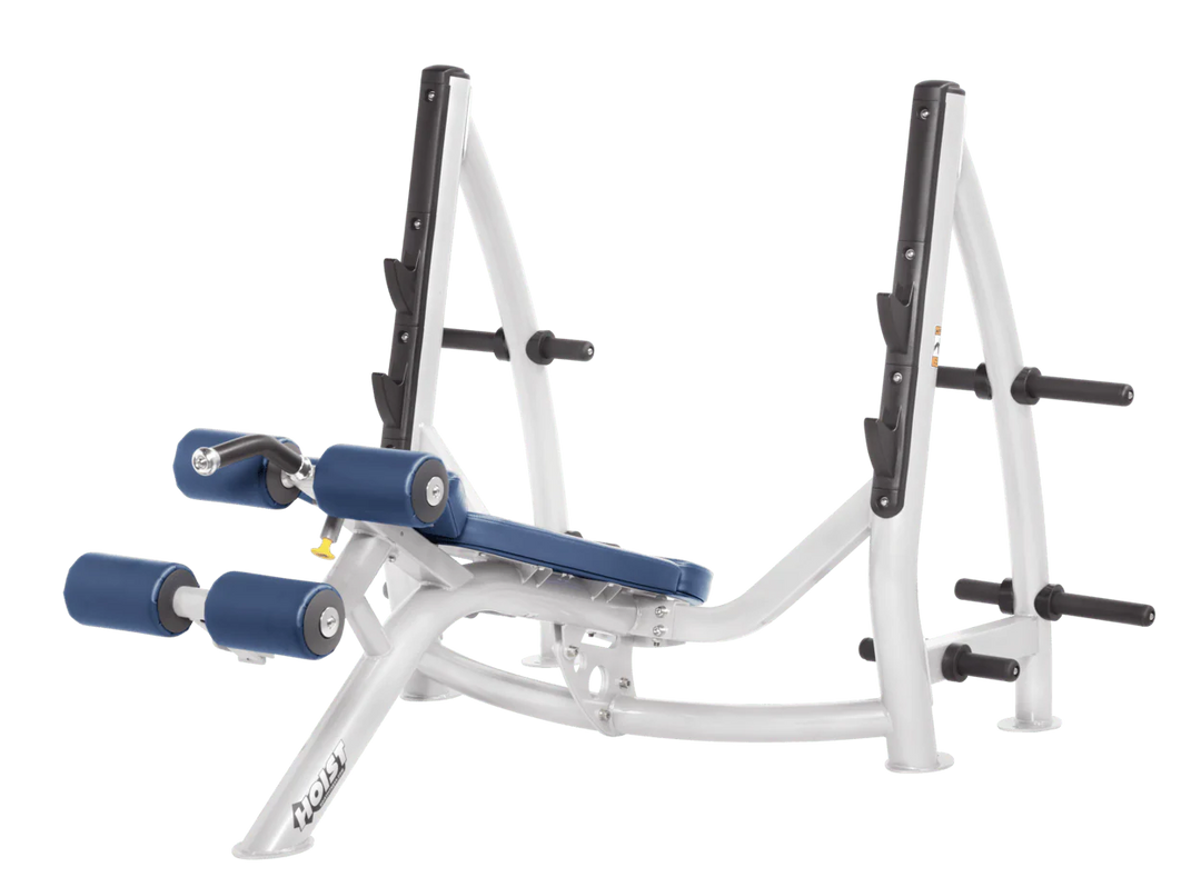 Hoist commercial Olympic decline white royal blue bench with barbell rack and integrated weight plate storage for lower chest training