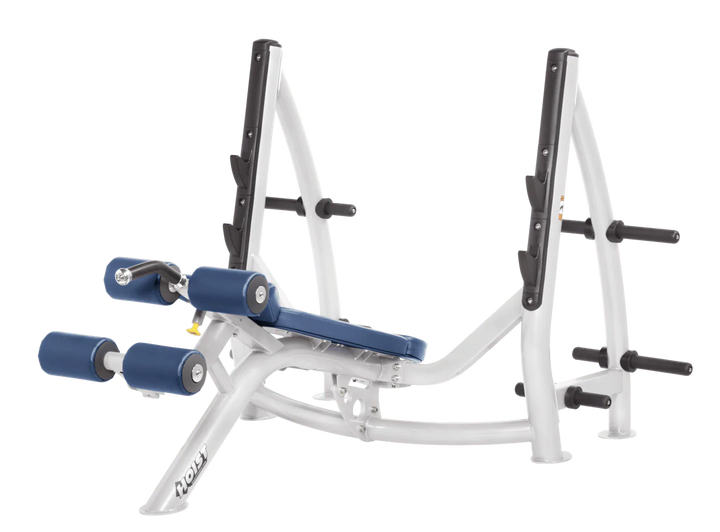 Hoist commercial Olympic decline white royal blue bench with barbell rack and integrated weight plate storage for lower chest training
