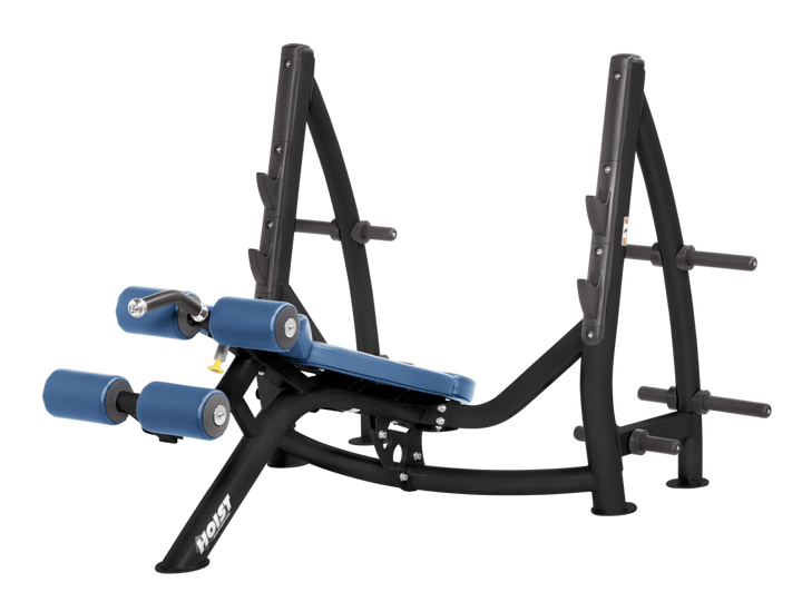 Hoist commercial Olympic decline sky blue bench with barbell rack and integrated weight plate storage for lower chest training