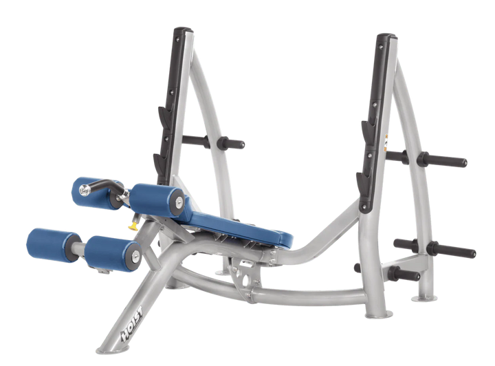 Hoist commercial Olympic decline platinum sky blue bench with barbell rack and integrated weight plate storage for lower chest training