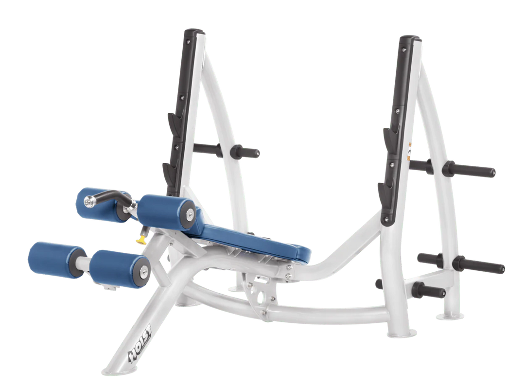 Hoist commercial Olympic decline white sky blue bench with barbell rack and integrated weight plate storage for lower chest training