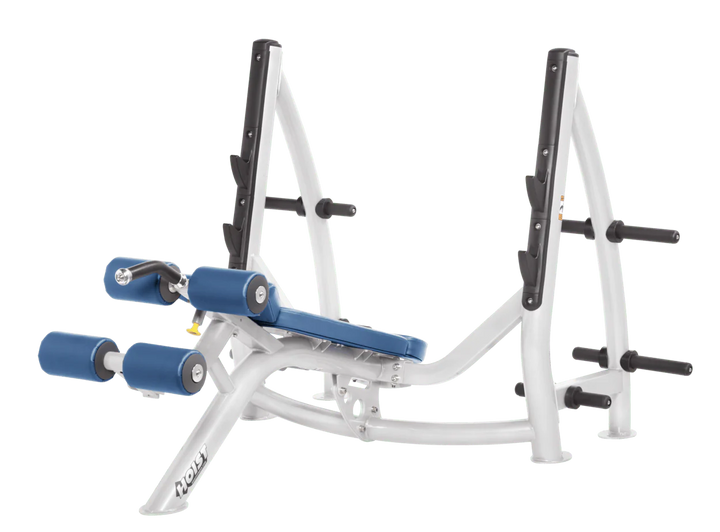 Hoist commercial Olympic decline white sky blue bench with barbell rack and integrated weight plate storage for lower chest training