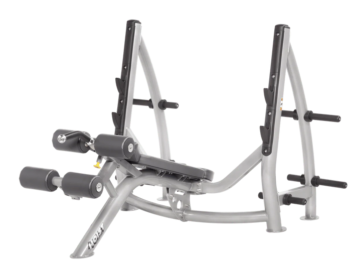 Hoist commercial Olympic decline platinum slate grey bench with barbell rack and integrated weight plate storage for lower chest training