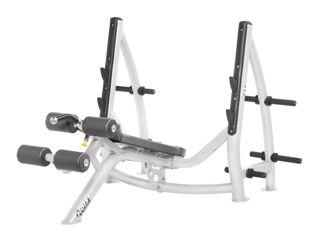 Hoist commercial Olympic decline white slate grey bench with barbell rack and integrated weight plate storage for lower chest training