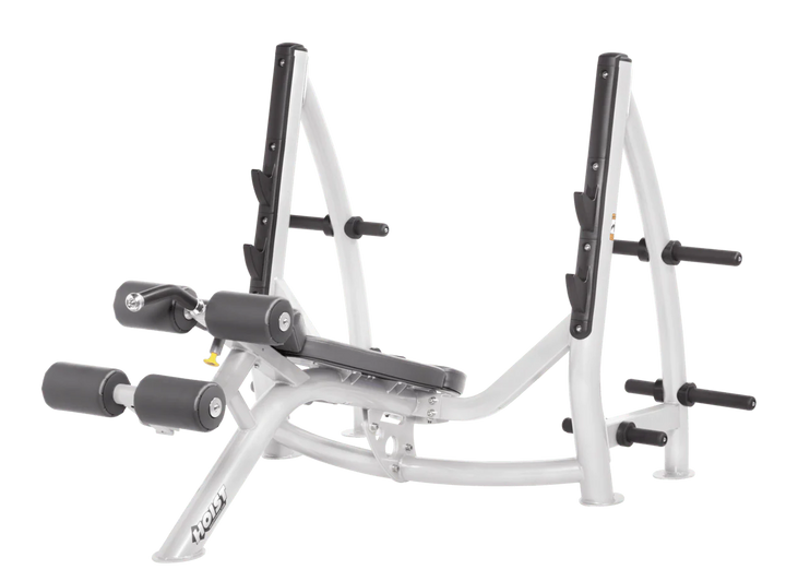 Hoist commercial Olympic decline white slate grey bench with barbell rack and integrated weight plate storage for lower chest training