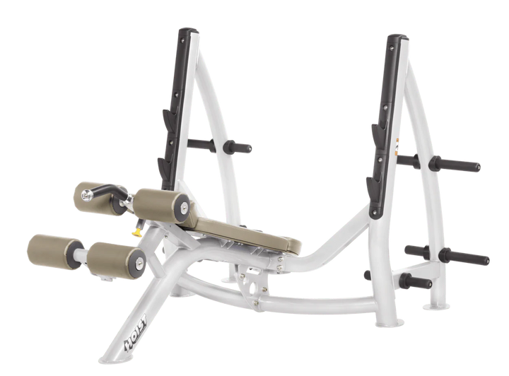 Hoist commercial Olympic decline white suede bench with barbell rack and integrated weight plate storage for lower chest training