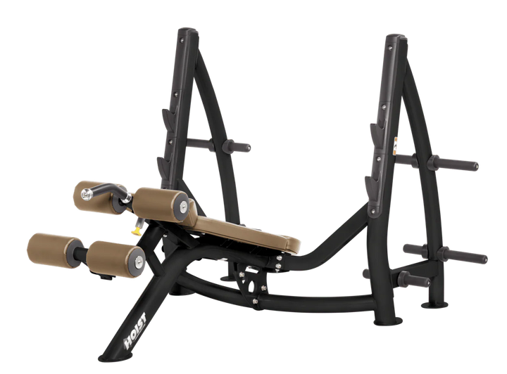 Hoist commercial Olympic decline wheat bench with barbell rack and integrated weight plate storage for lower chest training