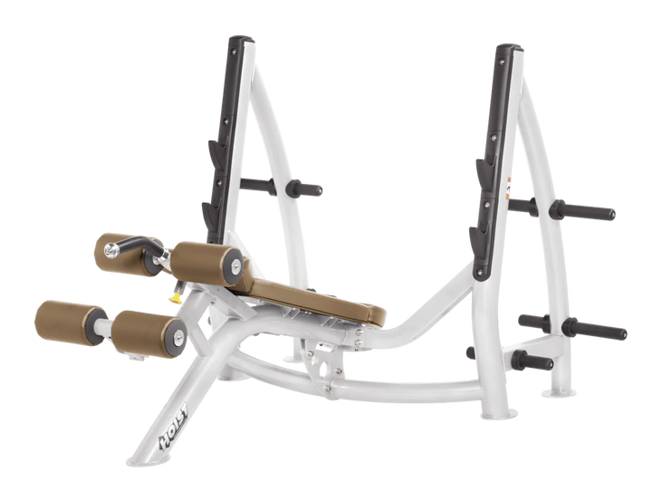 Hoist commercial Olympic decline white wheat bench with barbell rack and integrated weight plate storage for lower chest training