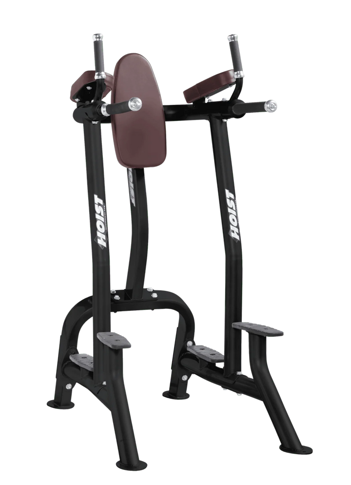 Hoist burgundy commercial vertical knee raise and dip station for core, triceps, and upper body bodyweight exercises
