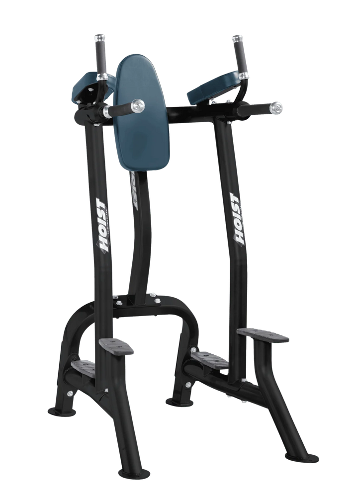 Hoist navy blue commercial vertical knee raise and dip station for core, triceps, and upper body bodyweight exercises