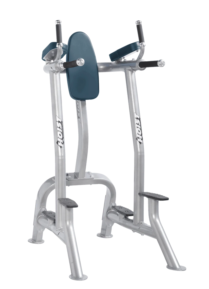 Hoist platinum navy blue commercial vertical knee raise and dip station for core, triceps, and upper body bodyweight exercises