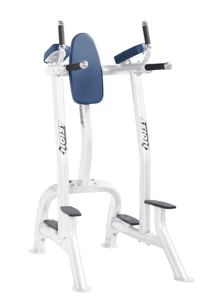 Hoist white royal blue commercial vertical knee raise and dip station for core, triceps, and upper body bodyweight exercises