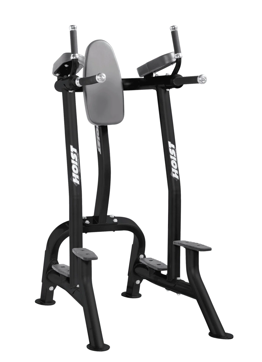 Hoist slate grey commercial vertical knee raise and dip station for core, triceps, and upper body bodyweight exercises