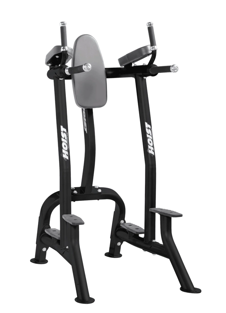 Hoist slate grey commercial vertical knee raise and dip station for core, triceps, and upper body bodyweight exercises