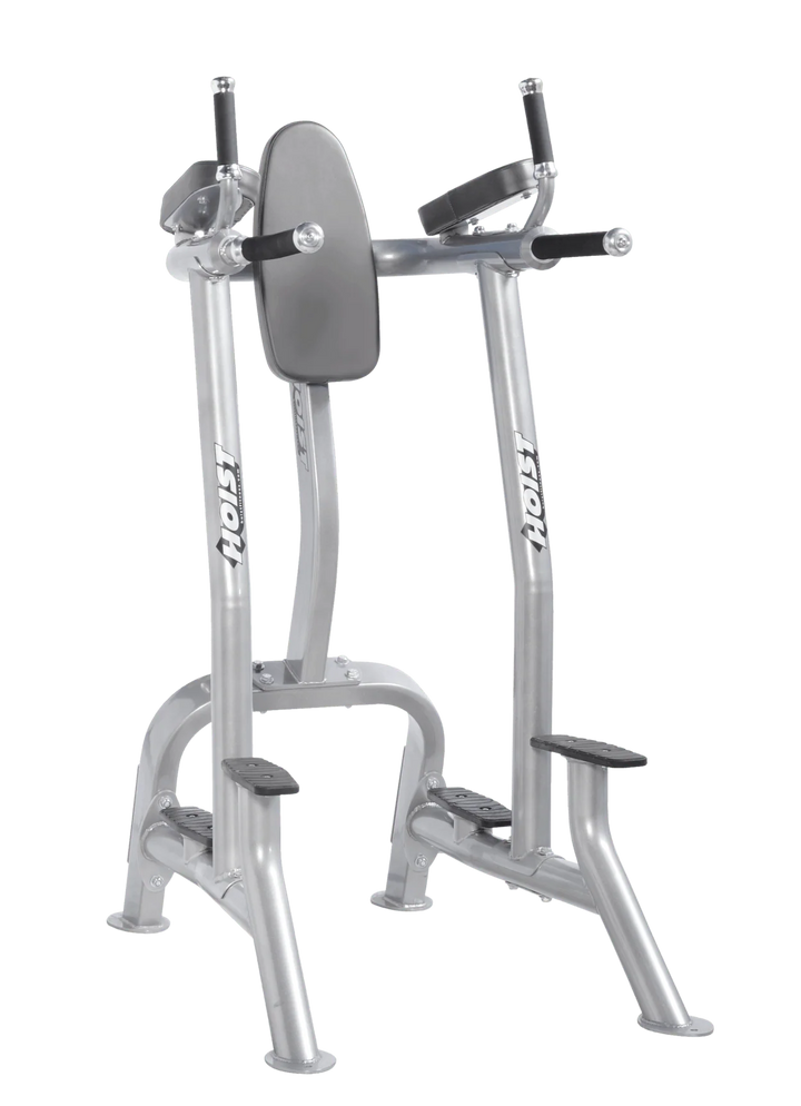 Hoist platinum slate grey commercial vertical knee raise and dip station for core, triceps, and upper body bodyweight exercises