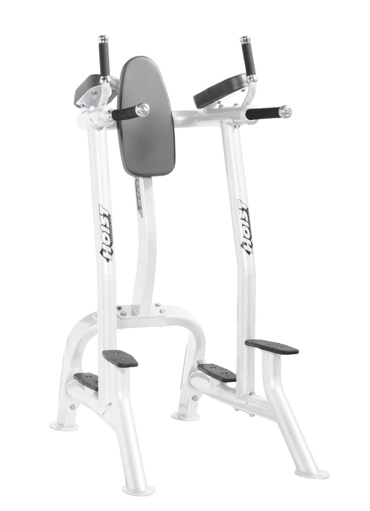 Hoist white slate grey commercial vertical knee raise and dip station for core, triceps, and upper body bodyweight exercises