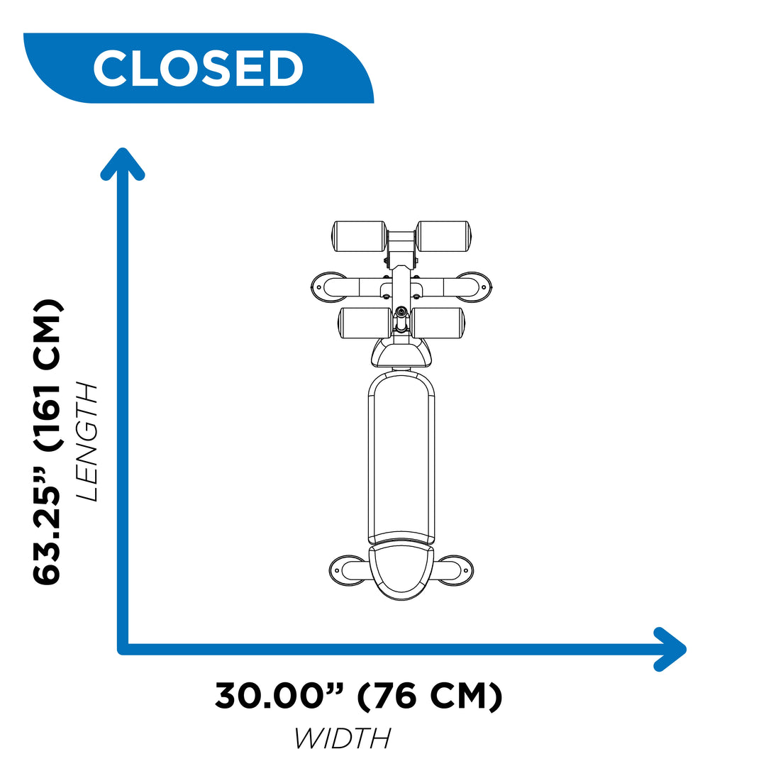 Diagram of Hoist adjustable decline ab bench in closed position showing 63.25 inch length and 30 inch width dimensions
