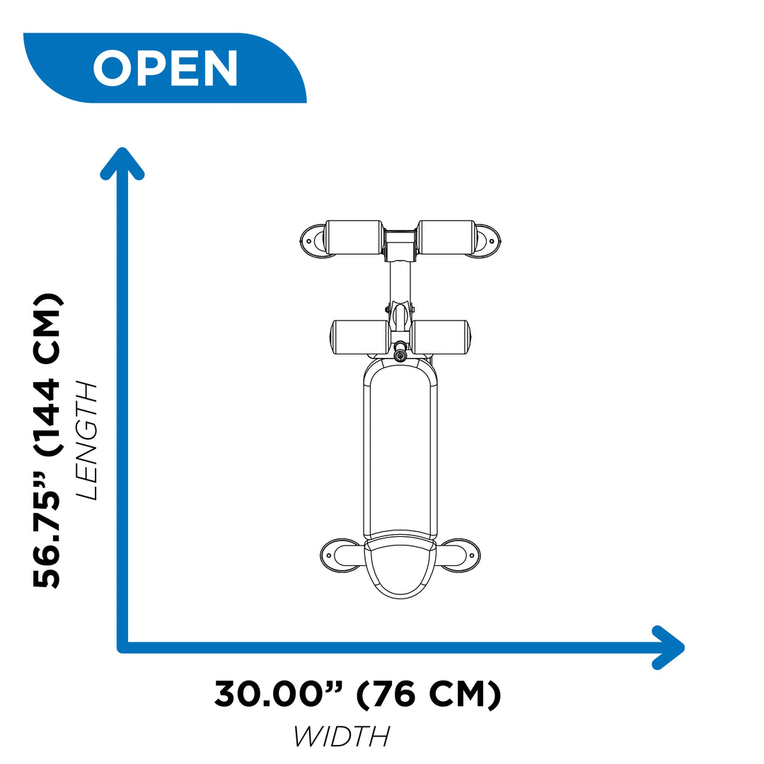Diagram of Hoist adjustable decline ab bench in open position showing 63.25 inch length and 30 inch width dimensions