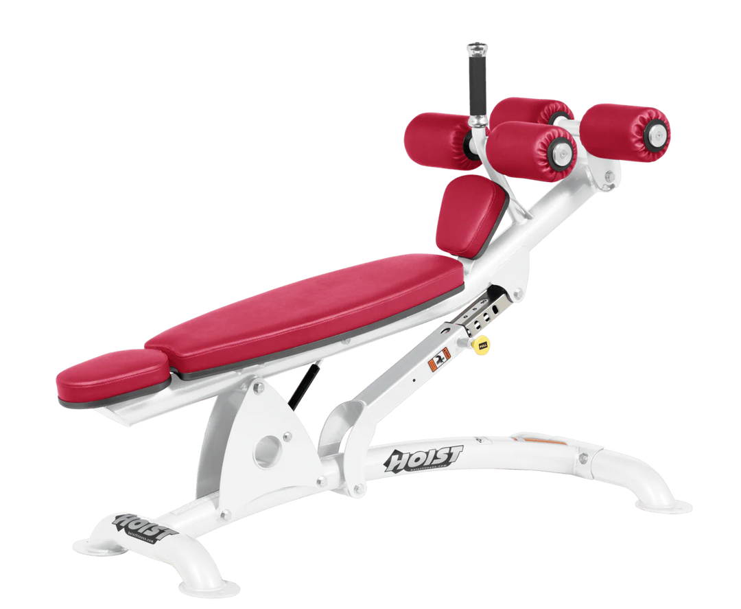 AMB White Hoist commercial adjustable decline ab bench with padded leg rollers for abdominal and core strength exercises