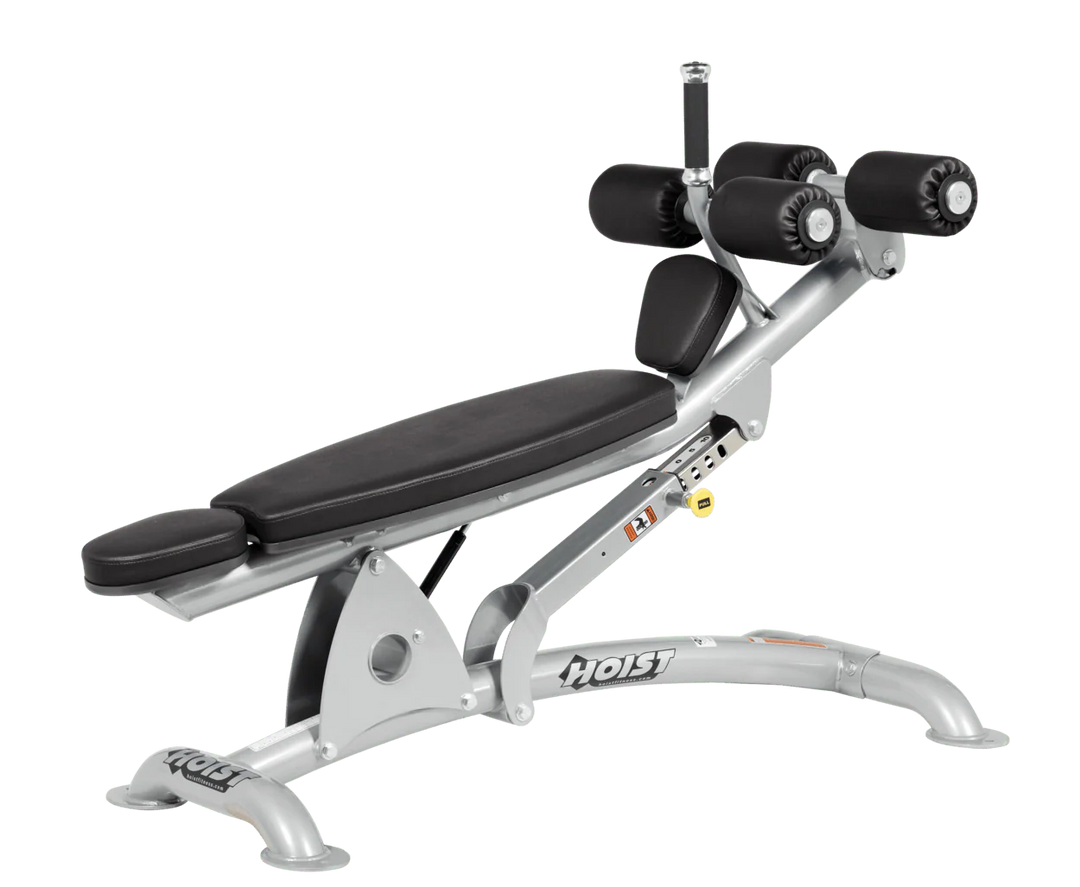 BLK Platinum Hoist commercial adjustable decline ab bench with padded leg rollers for abdominal and core strength exercises