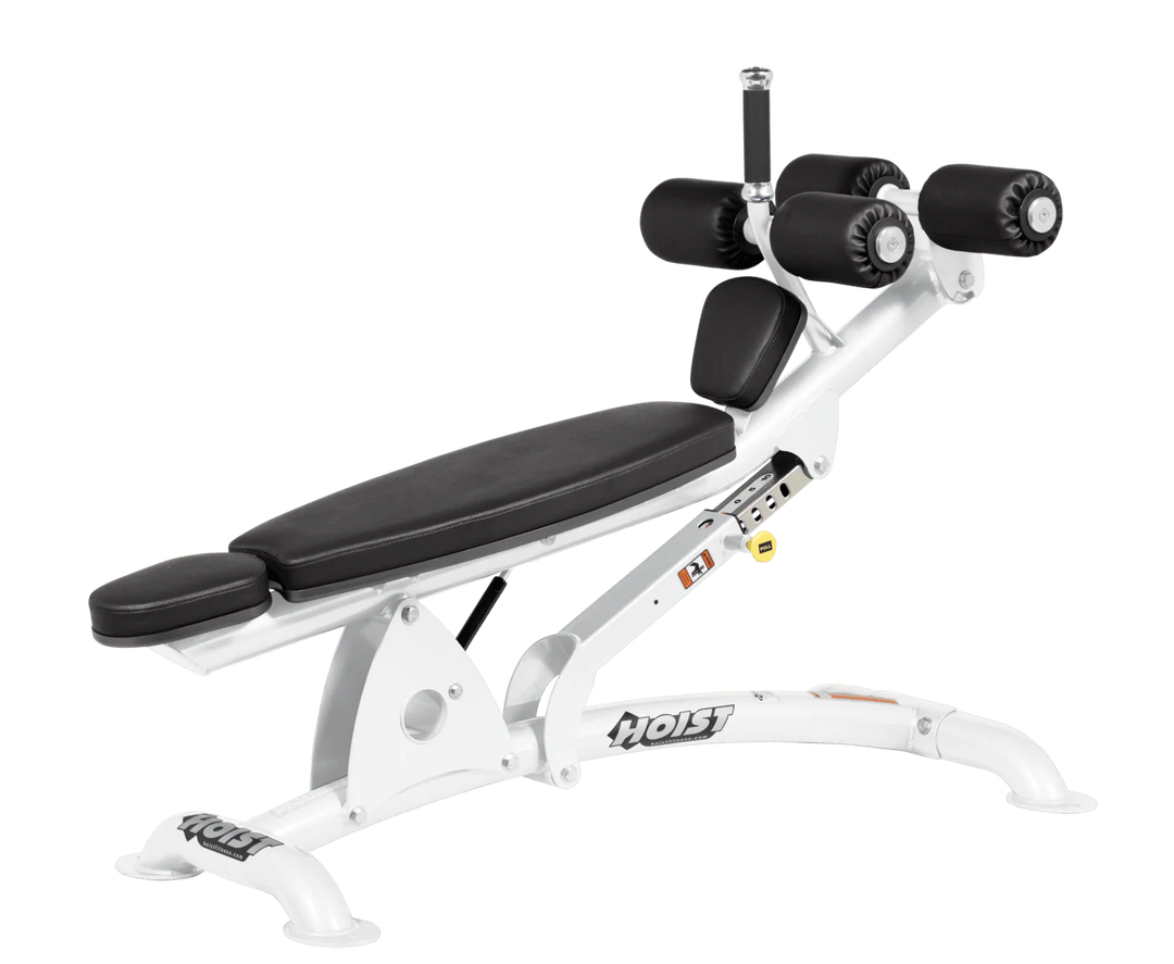SUE White Hoist commercial adjustable decline ab bench with padded leg rollers for abdominal and core strength exercises