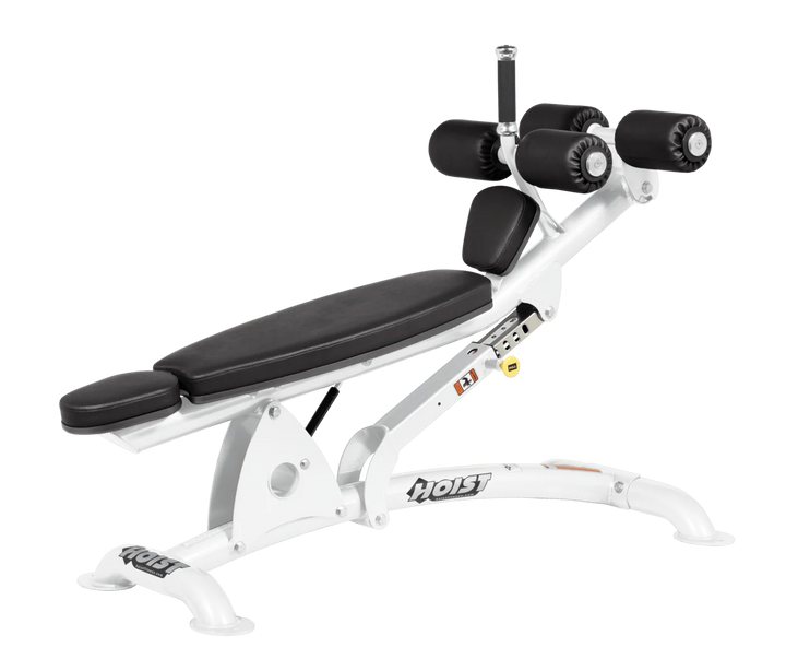 SUE White Hoist commercial adjustable decline ab bench with padded leg rollers for abdominal and core strength exercises