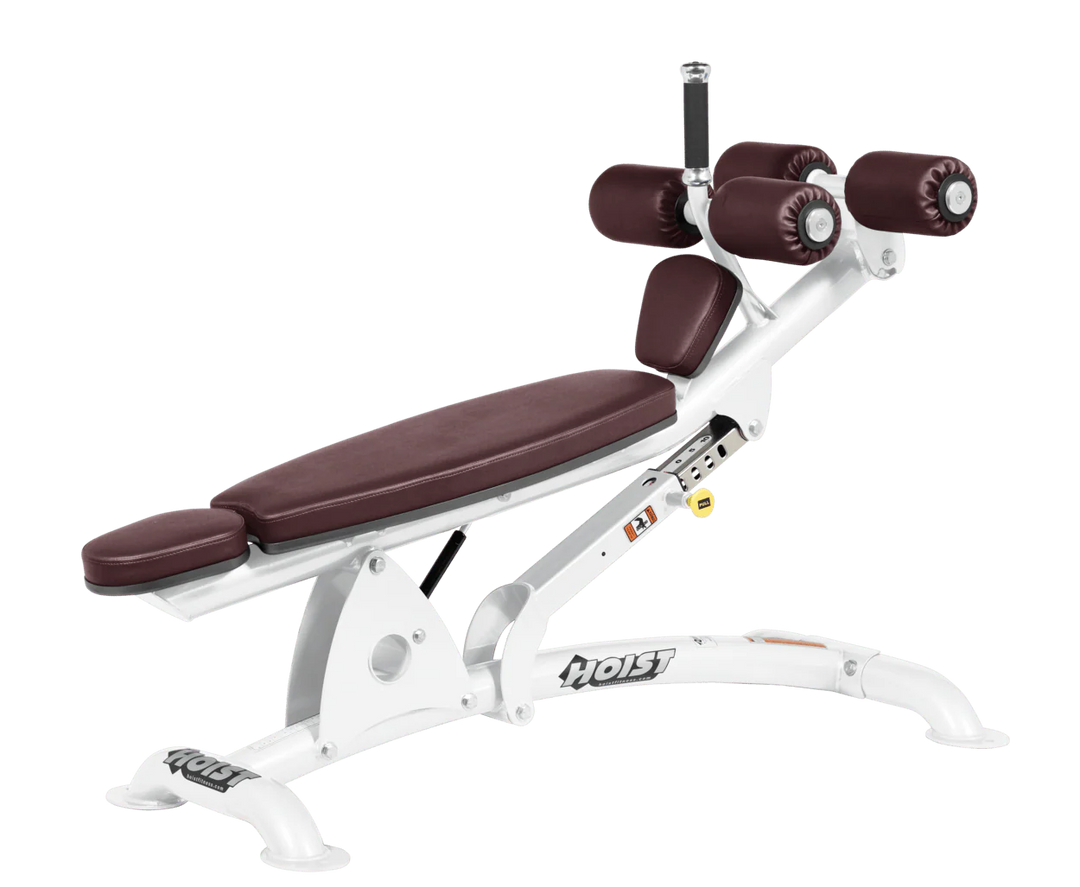 BRG White Hoist commercial adjustable decline ab bench with padded leg rollers for abdominal and core strength exercises