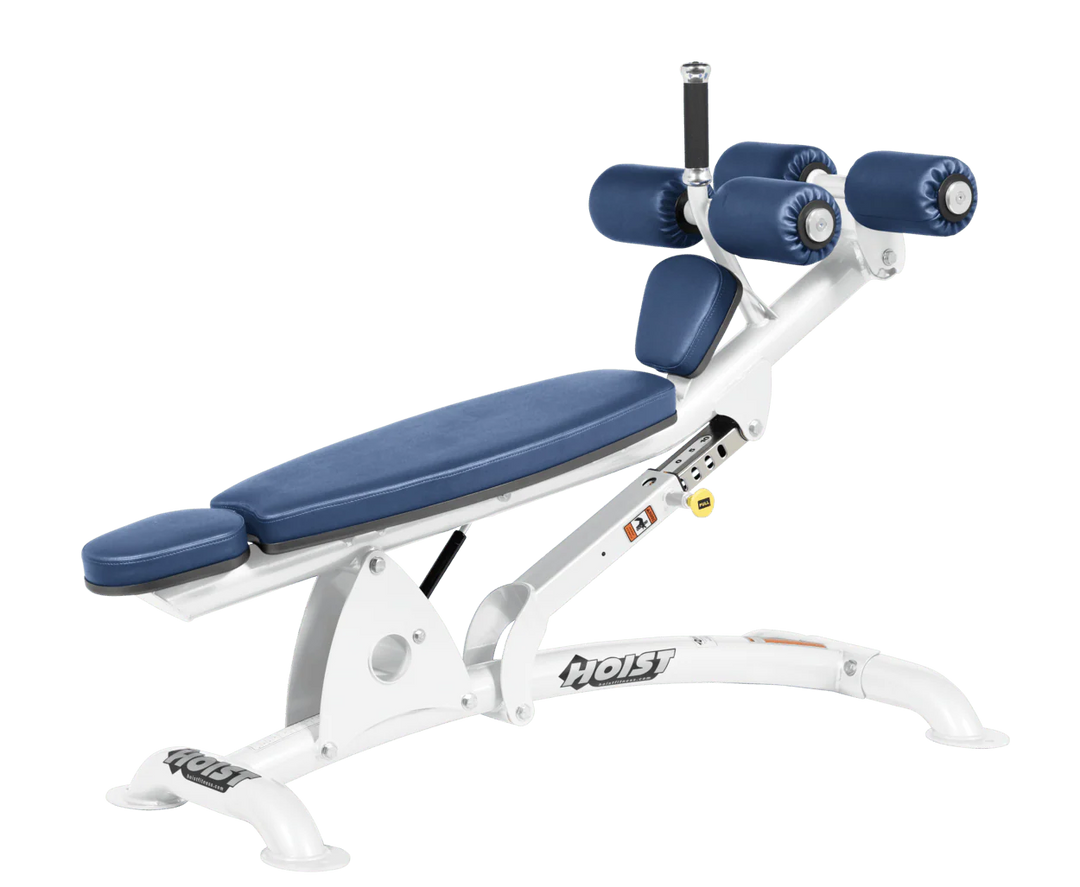 RYL White Hoist commercial adjustable decline ab bench with padded leg rollers for abdominal and core strength exercises