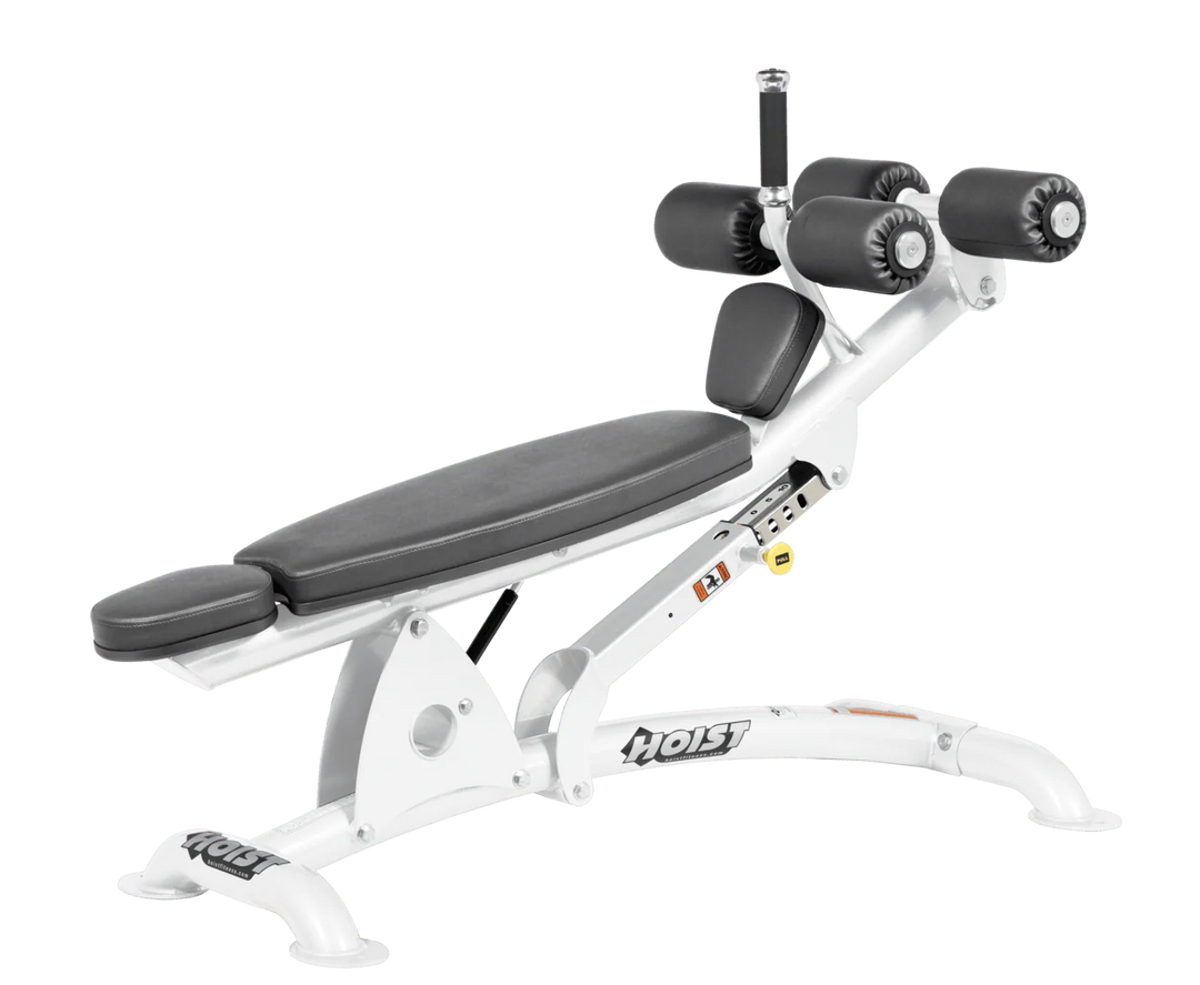 SLG White Hoist commercial adjustable decline ab bench with padded leg rollers for abdominal and core strength exercises