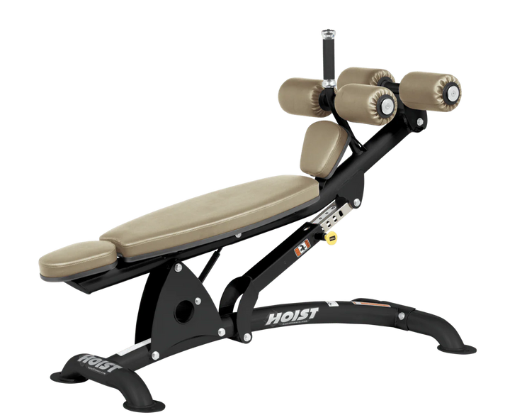 SUE Hoist commercial adjustable decline ab bench with padded leg rollers for abdominal and core strength exercises