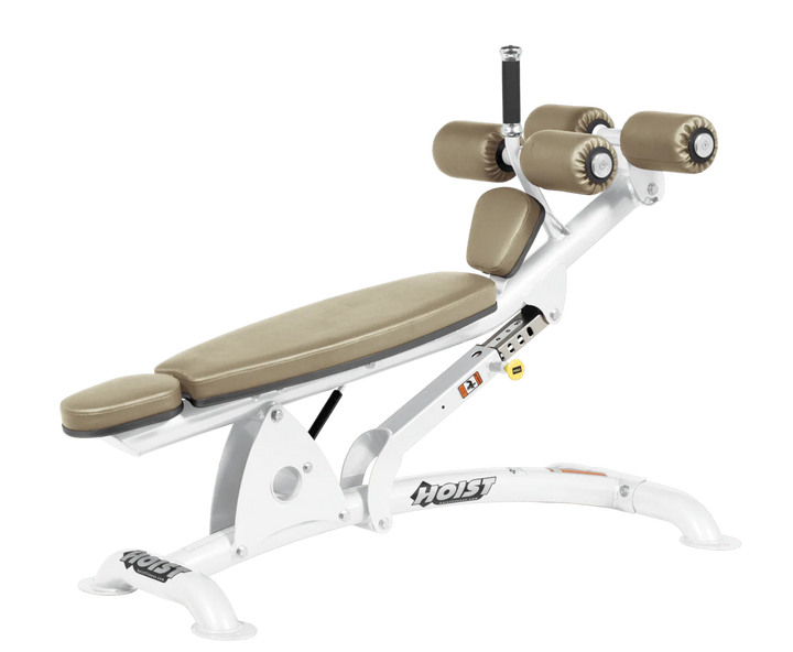 SUE White Hoist commercial adjustable decline ab bench with padded leg rollers for abdominal and core strength exercises