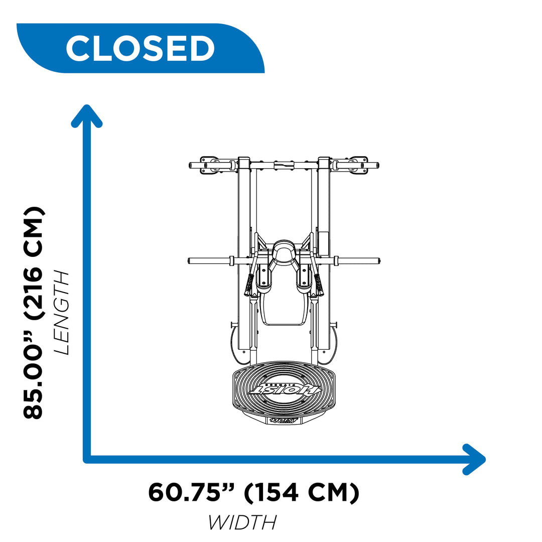 Top view diagram of hack squat machine in closed position showing 85 inch length and 60.75 inch width dimensions