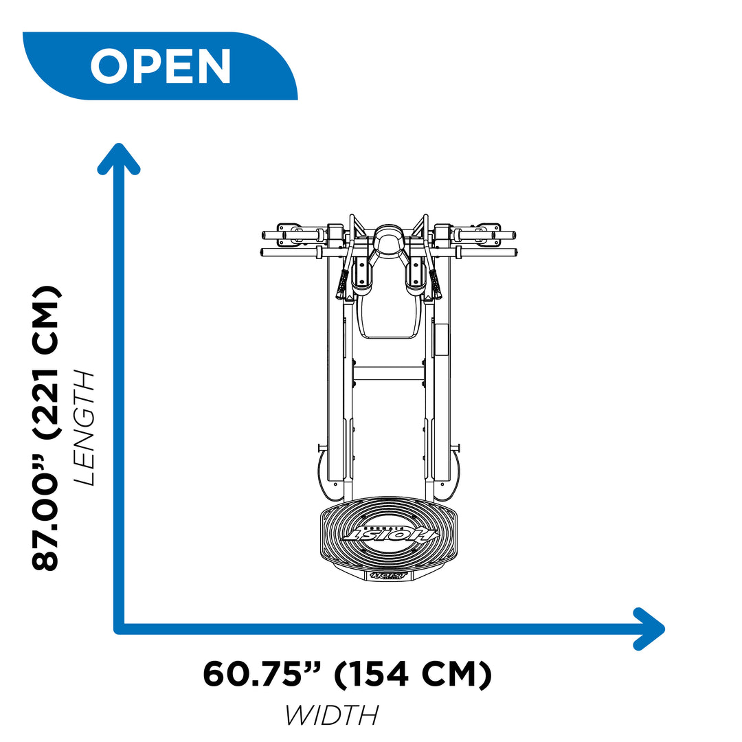Top view diagram of hack squat machine in open position showing 85 inch length and 60.75 inch width dimensions