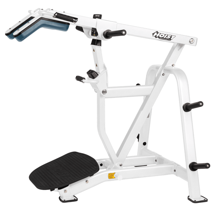 BRD White Commercial power squat machine with angled platform, shoulder pads, and plate storage for lower body strength training