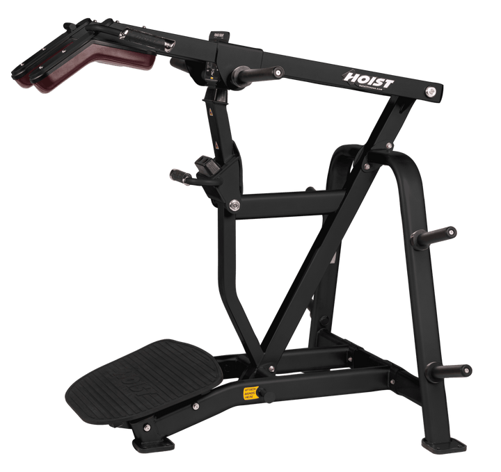 BGR Matte Black Commercial power squat machine with angled platform, shoulder pads, and plate storage for lower body strength training
