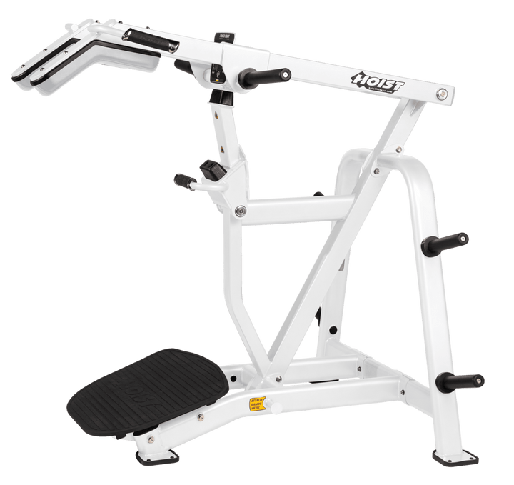 DVG White Commercial power squat machine with angled platform, shoulder pads, and plate storage for lower body strength training