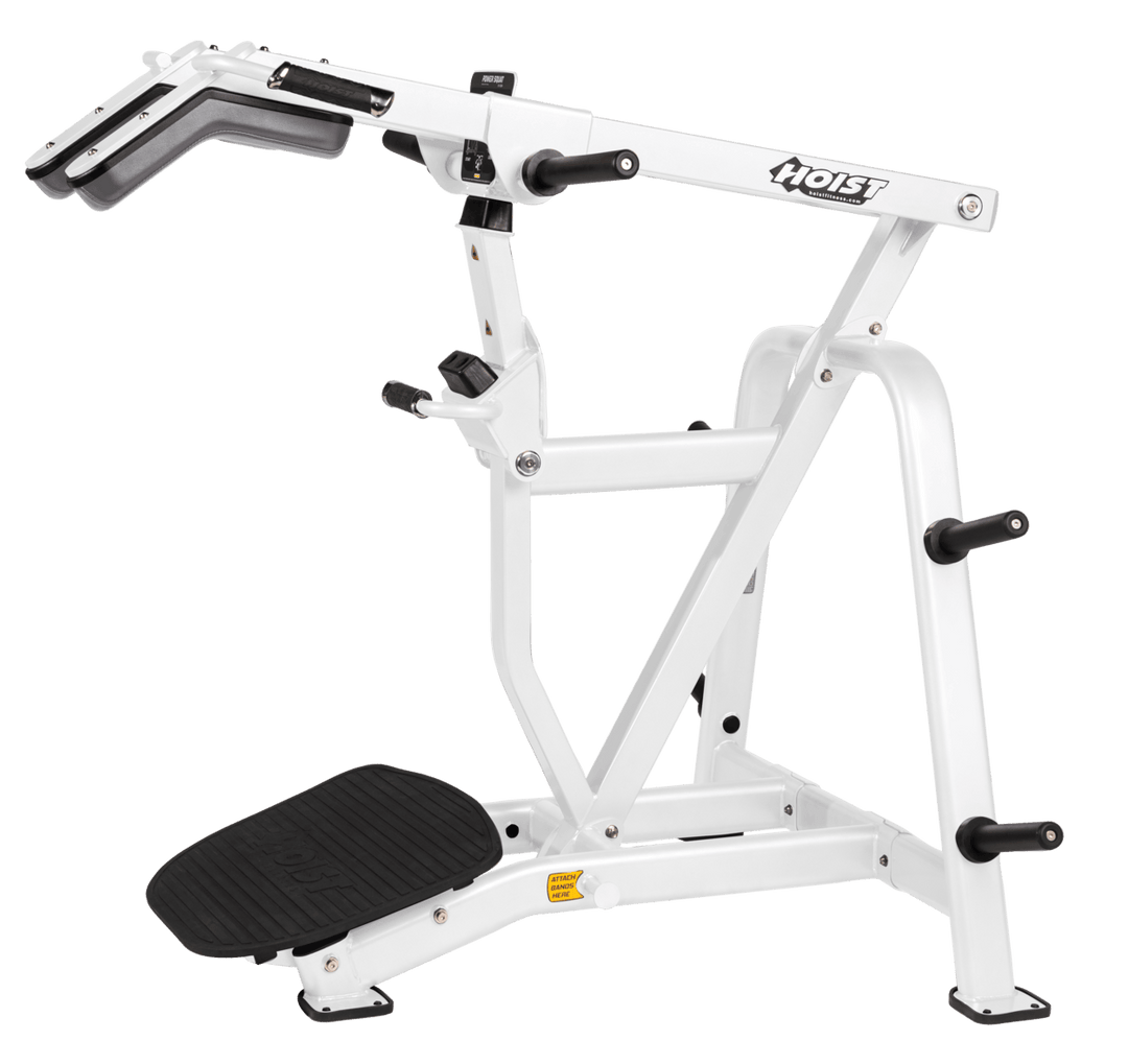 SLG White Commercial power squat machine with angled platform, shoulder pads, and plate storage for lower body strength training