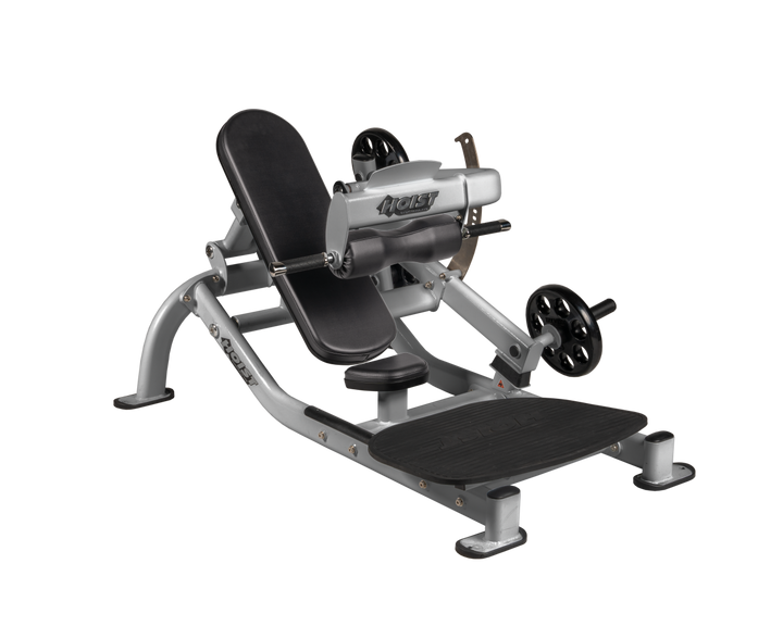 Angled view of BLK Platinum glute thrust machine showing foot platform, seat, and weight plate loading positions