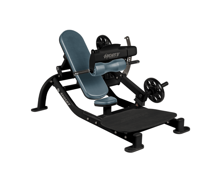 Angled view of BRD Matte Black glute thrust machine showing foot platform, seat, and weight plate loading positions