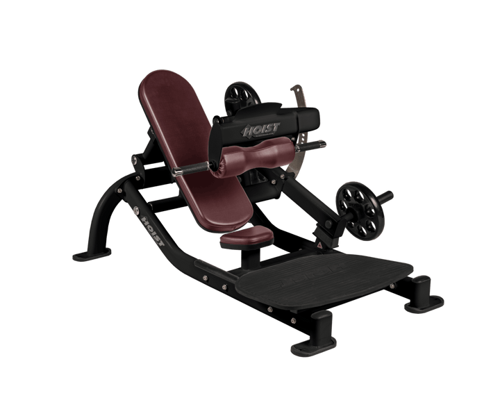 Angled view of BRG Matte Black glute thrust machine showing foot platform, seat, and weight plate loading positions