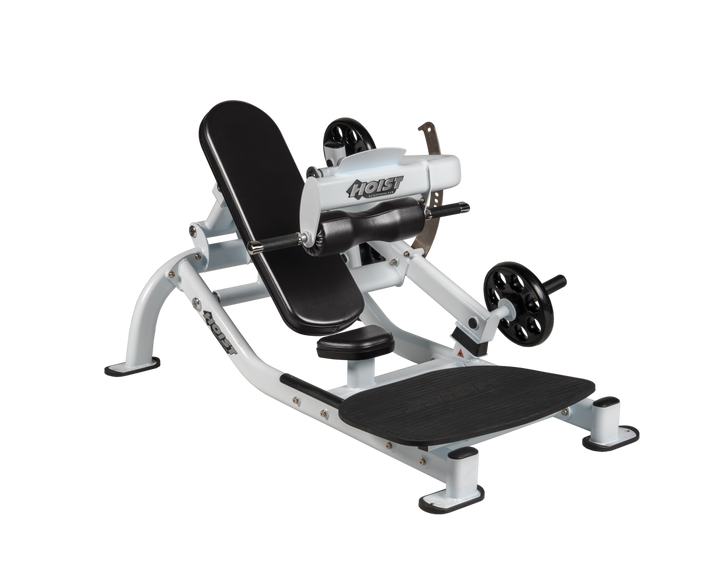 Angled view of BLK White glute thrust machine showing foot platform, seat, and weight plate loading positions