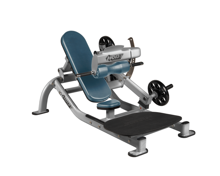Angled view of BRD Platinum glute thrust machine showing foot platform, seat, and weight plate loading positions