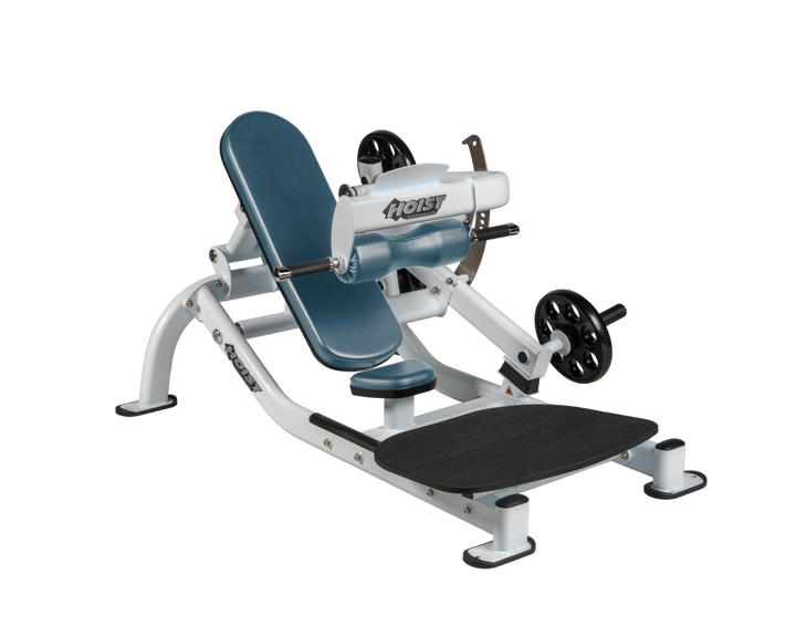 Angled view of BRD White glute thrust machine showing foot platform, seat, and weight plate loading positions