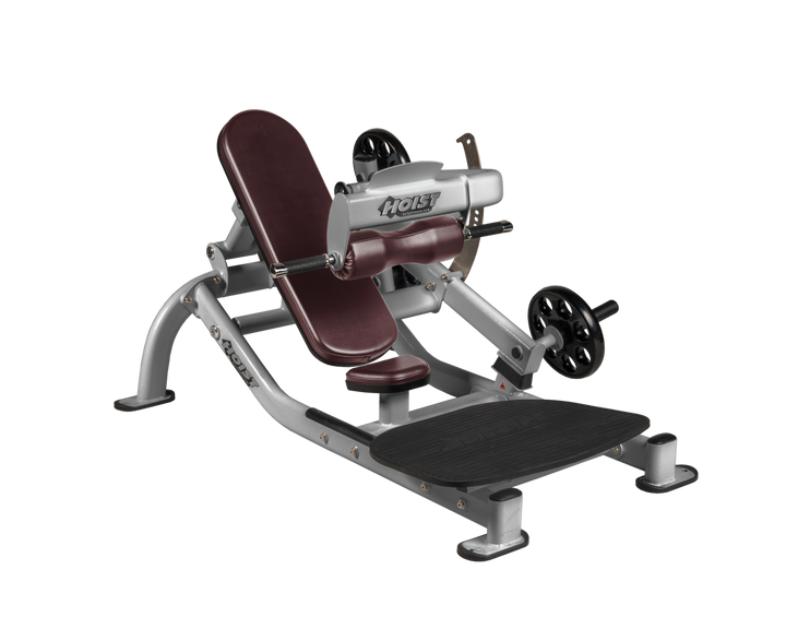 Angled view of BRG Platinum glute thrust machine showing foot platform, seat, and weight plate loading positions