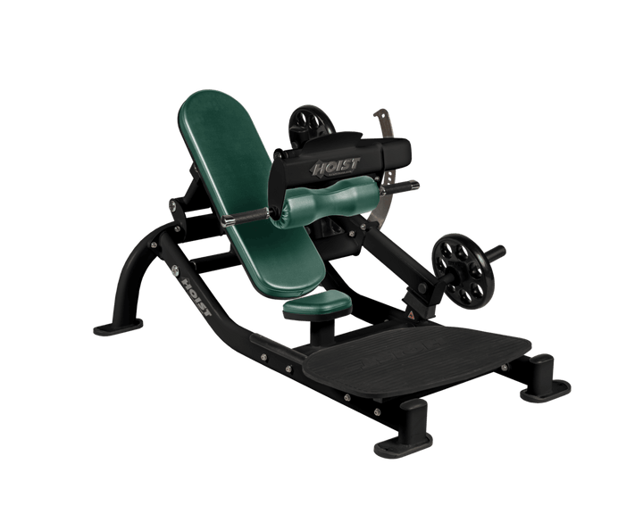 Angled view of HGR Matte Black glute thrust machine showing foot platform, seat, and weight plate loading positions